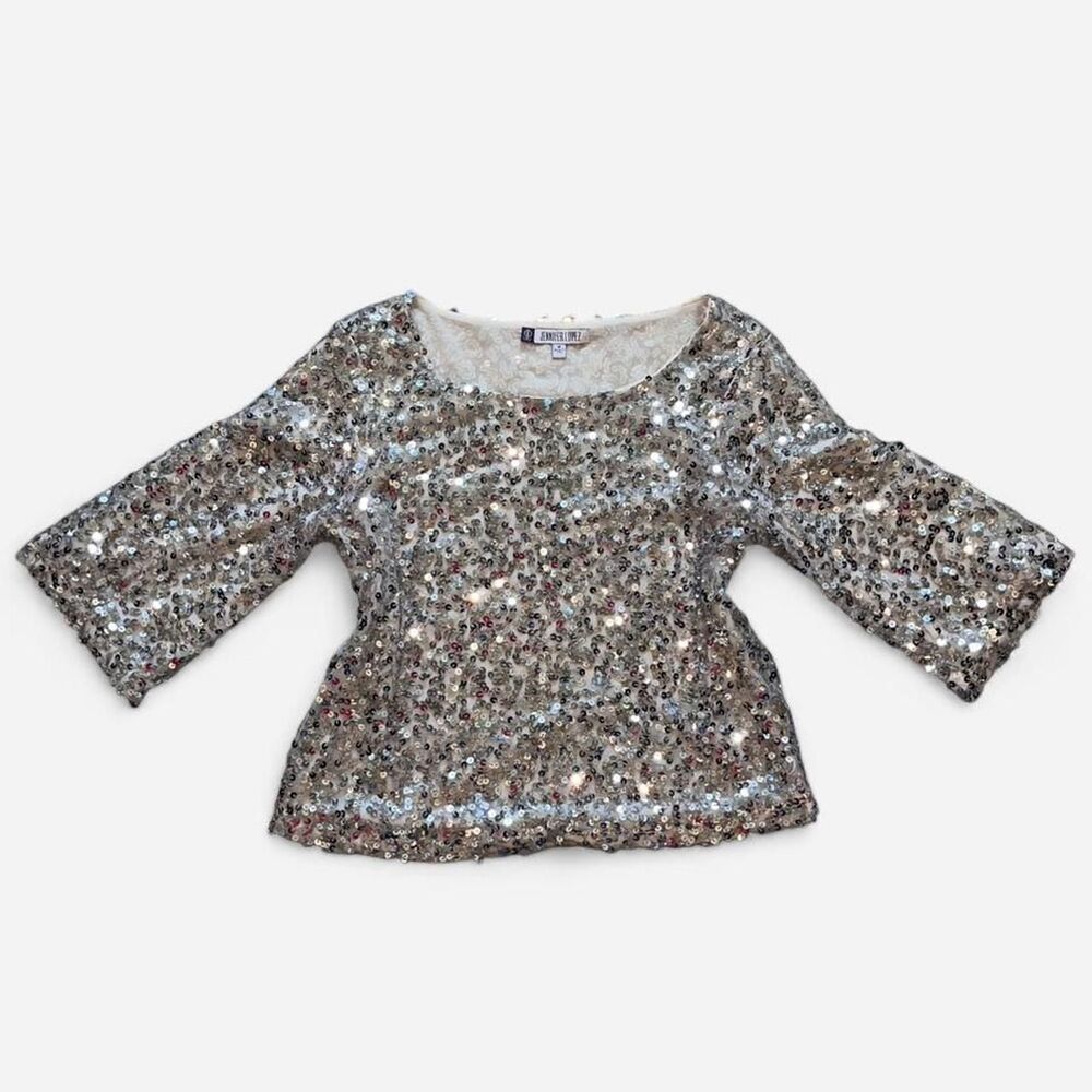 Jennifer Lopez Silver sequin top with bell 3/4 sleeves size M